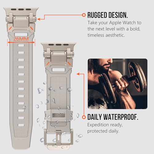 KADES Rugged TPU Sport Band for Apple Watch Ultra 3/2/1 49mm, Metal Connectors for Apple Watch Series 11/10 46mm Series SE3/9/8/SE2/7/6/SE/5/4/3/2/1 45mm/44mm/42mm, Titanium/Starlight - Image 4