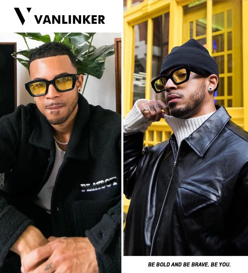 VANLINKER Thick Square Sunglasses for Men Women Retro Chunky Rectangle Shades UV400 Protection VL9731 Black Frame/Yellow Tinted Lense - Image 2