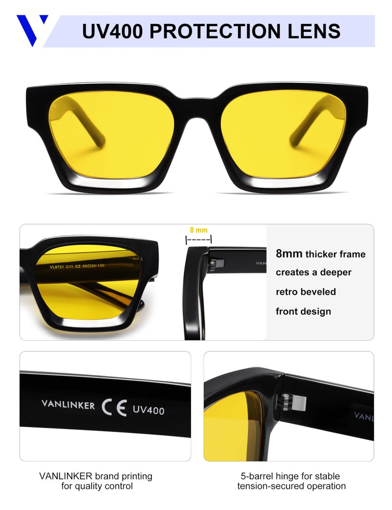 VANLINKER Thick Square Sunglasses for Men Women Retro Chunky Rectangle Shades UV400 Protection VL9731 Black Frame/Yellow Tinted Lense - Image 5
