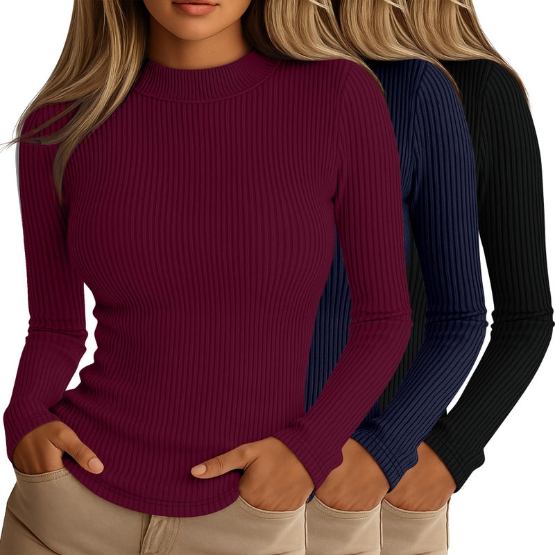 Riyiper 3 Pack Womens Ribbed Shirts Mock Turtleneck Long Sleeve Tops Slim Fitted Undershirts Casual Basic Layering TeesBlack Navy Blue RedSmall - Image 2