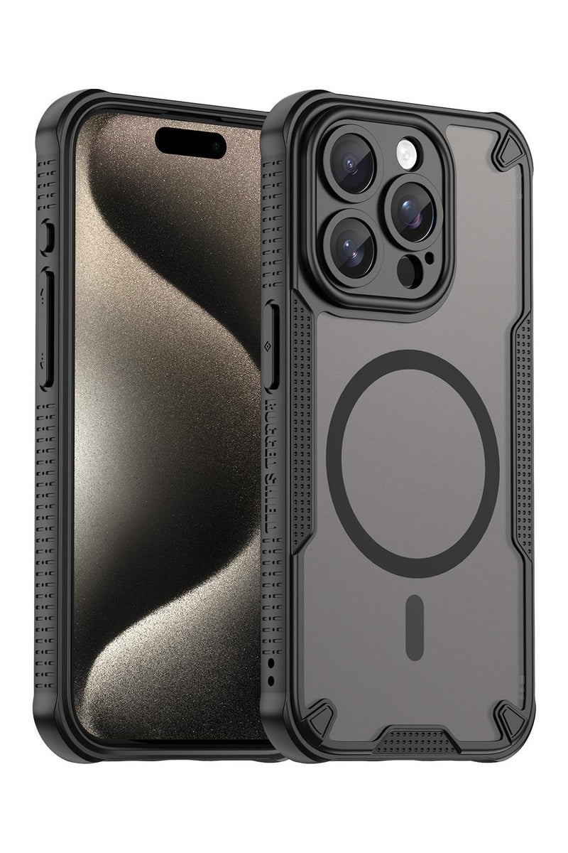 غطاء حمايه لهاتف ايفون 15 برو ماكس جراب ارمور مغناطيسي ياتي بحواف مرتفعة حول الشاشة وعدسة الكاميرا تساعد على منع الخدوش - أسود - Image 1