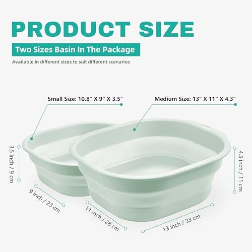 Bellglee 2 Pack Collapsible Wash Basin Set Foldable Dish Tub Small Medium Portable Sink for Kitchen Camping RV Baby Bottles Laundry Plastic Washbasin Green - Image 3