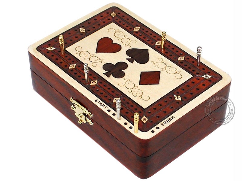 House of Cribbage 2 Track Wooden Cribbage BoardBox Inlaid in Maple WoodBloodwood Storage for Pegs One Deck of Cards 60 Points Non Continuous Maple WoodBloodwood