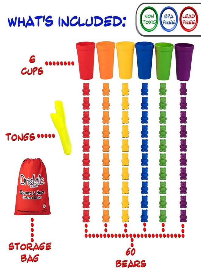 Driddle Colorful Counting Bears with Matching Cups - 60 Bears - Sort, Count & Color Recognition Learning Toy for Toddler & Kids - Montessori Education - Preschool Game - Image 3
