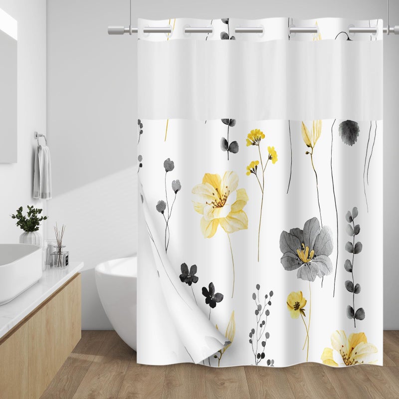 WITHLOC No Hook Shower Curtain with Snap in Liner - Floral Shower Curtain - Fabric Waterproof Inner Liner, Plants Watercolor Yellow Gray Modern Cloth Shower Curtains - Machine Washable, 71 x 74 - Image 1