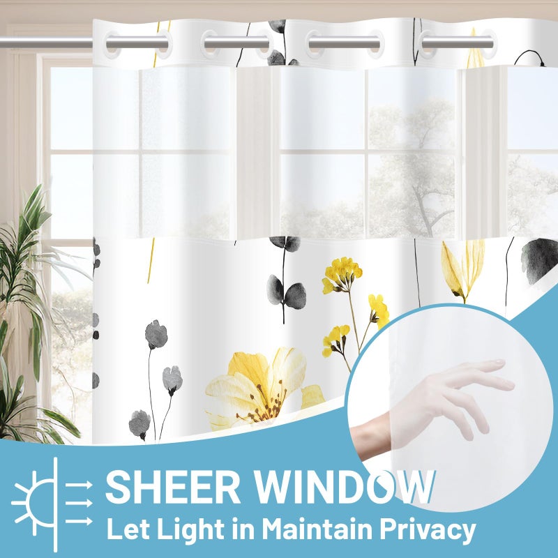 WITHLOC No Hook Shower Curtain with Snap in Liner - Floral Shower Curtain - Fabric Waterproof Inner Liner, Plants Watercolor Yellow Gray Modern Cloth Shower Curtains - Machine Washable, 71 x 74 - Image 2