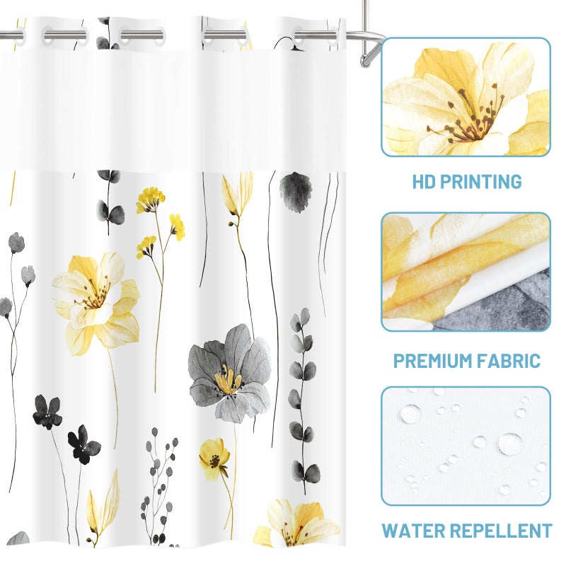 WITHLOC No Hook Shower Curtain with Snap in Liner - Floral Shower Curtain - Fabric Waterproof Inner Liner, Plants Watercolor Yellow Gray Modern Cloth Shower Curtains - Machine Washable, 71 x 74 - Image 4