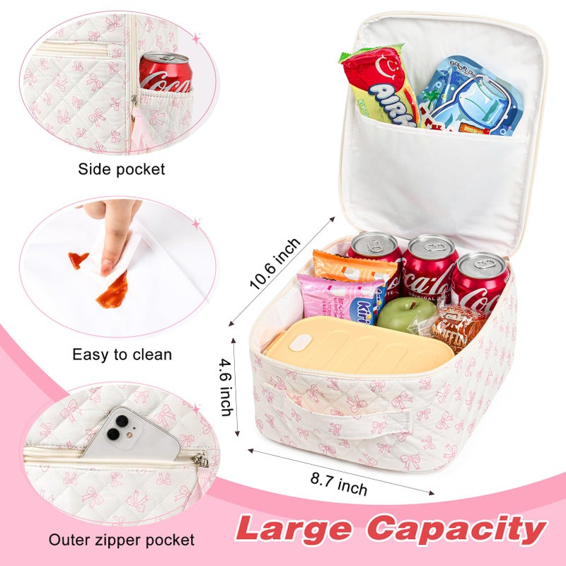 Aileam Lunch Box Lunch Bag for Women Cute Girls Insulated Womens Lunch Bag For Work Quilted Large Capacity Reusable Insulated Cooler for Work School Picnic Travel, Pink Bow - Image 3
