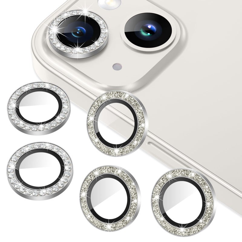 AGVEE 3+3 for iPhone 14 6.1" / 14 Plus 6.7" Camera Lens Protector, Bling Diamond & Bling Glitter Metal Ring 9H Tempered HD Glass Camera Protector Cover Film, Bling-Silver - Image 1