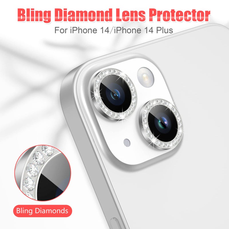 AGVEE 3+3 for iPhone 14 6.1" / 14 Plus 6.7" Camera Lens Protector, Bling Diamond & Bling Glitter Metal Ring 9H Tempered HD Glass Camera Protector Cover Film, Bling-Silver - Image 4