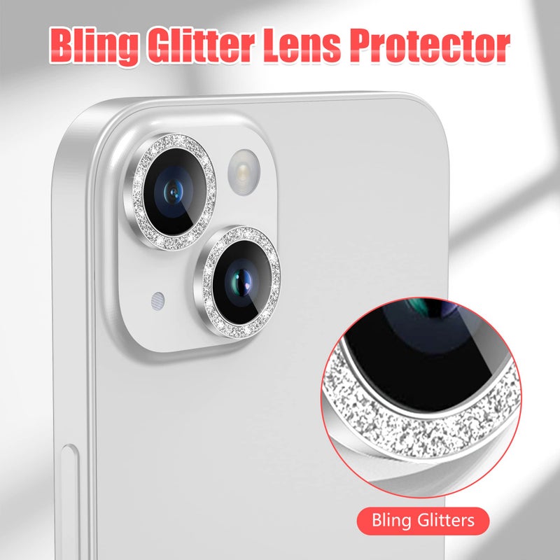 AGVEE 3+3 for iPhone 14 6.1" / 14 Plus 6.7" Camera Lens Protector, Bling Diamond & Bling Glitter Metal Ring 9H Tempered HD Glass Camera Protector Cover Film, Bling-Silver - Image 5