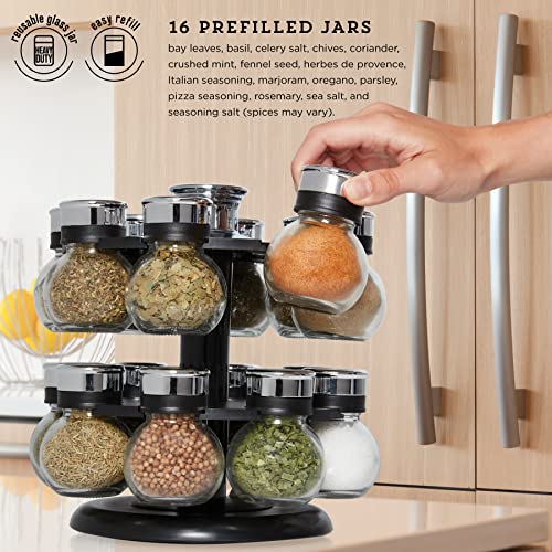 Kamenstein 16 Jar Ellington Revolving Countertop Spice Rack with Lift & Pour Caps and Spices Included, FREE Spice Refills for 5 Years: Black and Chrome - Image 2