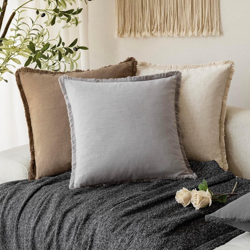 Foindtower Set of 2 Decorative Linen Fringe Throw Pillow Covers Cozy Farmhouse Cushion Cover with Tassels Accent Pillowcase for Couch Chair Sofa Bed Living Room Home Decor,18×18 Inch,Light Rustic Gray - Image 5