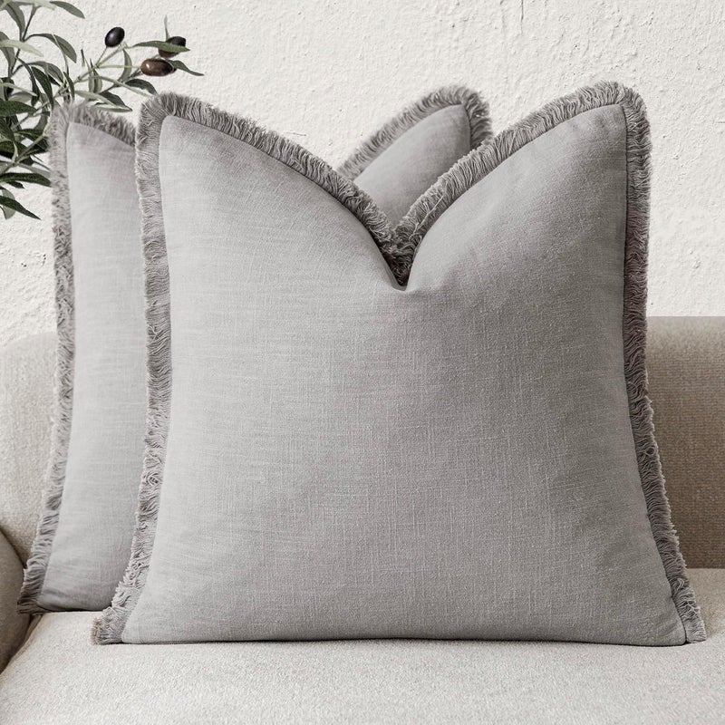 Foindtower Set of 2 Decorative Linen Fringe Throw Pillow Covers Cozy Farmhouse Cushion Cover with Tassels Accent Pillowcase for Couch Chair Sofa Bed Living Room Home Decor,18×18 Inch,Light Rustic Gray - Image 1