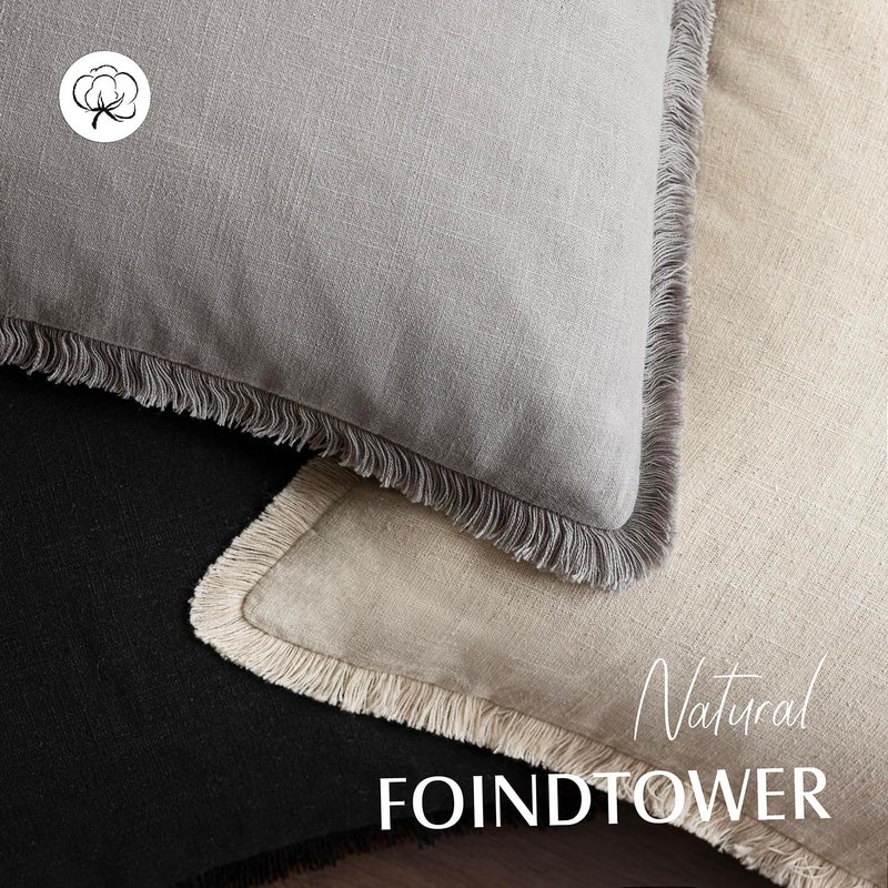 Foindtower Set of 2 Decorative Linen Fringe Throw Pillow Covers Cozy Farmhouse Cushion Cover with Tassels Accent Pillowcase for Couch Chair Sofa Bed Living Room Home Decor,18×18 Inch,Light Rustic Gray - Image 4
