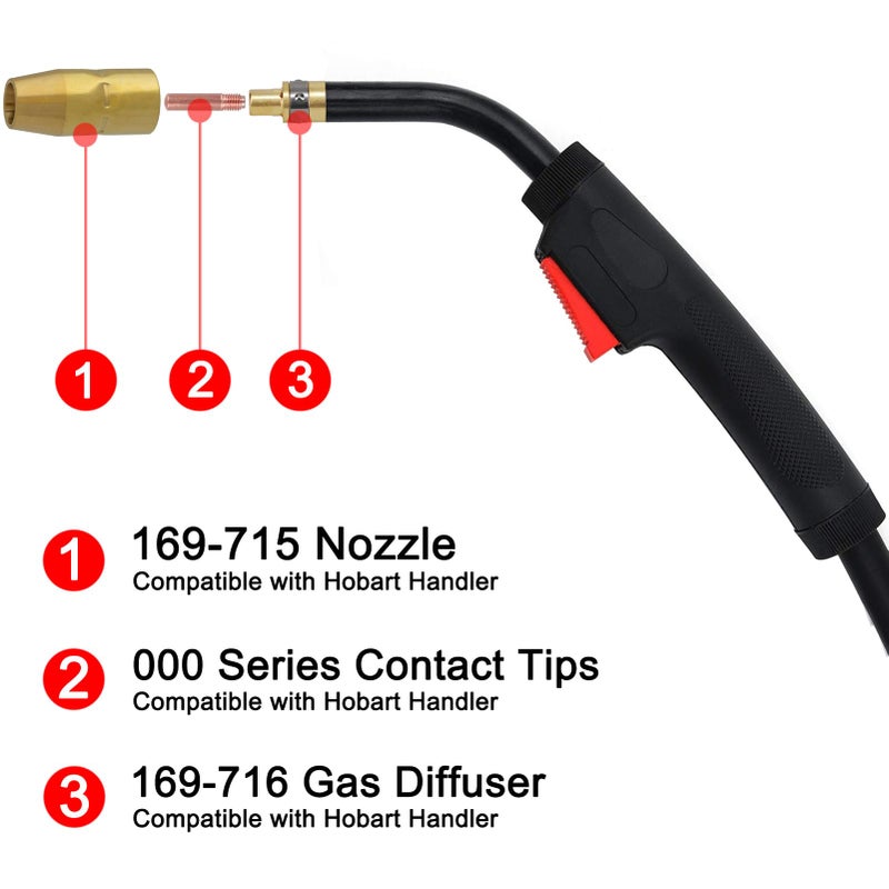 Zinger MIG Welding Gun Torch fits Hobart 245926 Hobart Handler 190/210/210MVP Mig Welders Parts,100A 15ft Hobart Welder Replacement Hobart H100S4-10 245926 with .030" .035" Tip-Nozzle-Diffuser - Image 2