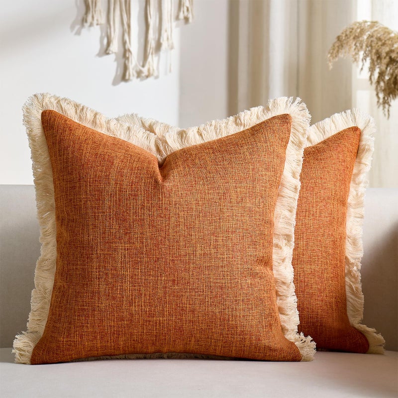 Daptsy Decorative Faux Linen Couch Pillow Covers 18x18 Inch Fall Burnt Orange Boho Farmhouse Throw Pillow Cases with Tassels Woven Textured Cushion Covers for Sofa Bed Living Room Home Decor Set of 2 - Image 1