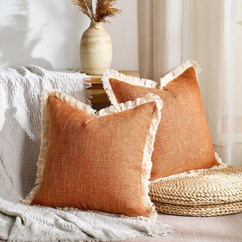 Daptsy Decorative Faux Linen Couch Pillow Covers 18x18 Inch Fall Burnt Orange Boho Farmhouse Throw Pillow Cases with Tassels Woven Textured Cushion Covers for Sofa Bed Living Room Home Decor Set of 2 - Image 2