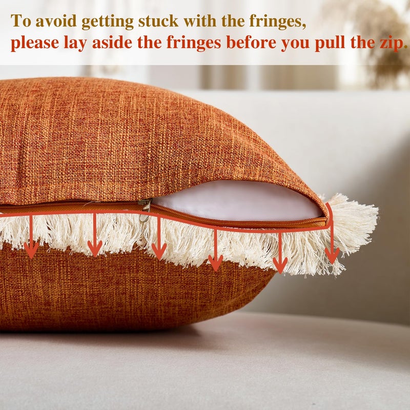 Daptsy Decorative Faux Linen Couch Pillow Covers 18x18 Inch Fall Burnt Orange Boho Farmhouse Throw Pillow Cases with Tassels Woven Textured Cushion Covers for Sofa Bed Living Room Home Decor Set of 2 - Image 4