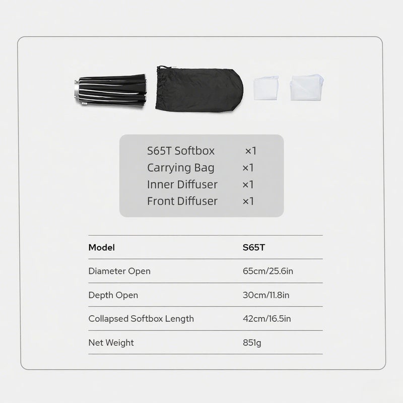 S65T 65cm/25.6in Quick Release Umbrella Softbox Professional Foldable Softbox with Standard Bowen Mount& Diffusers for Photography Studio Photography Portrait Live Stream - Image 5