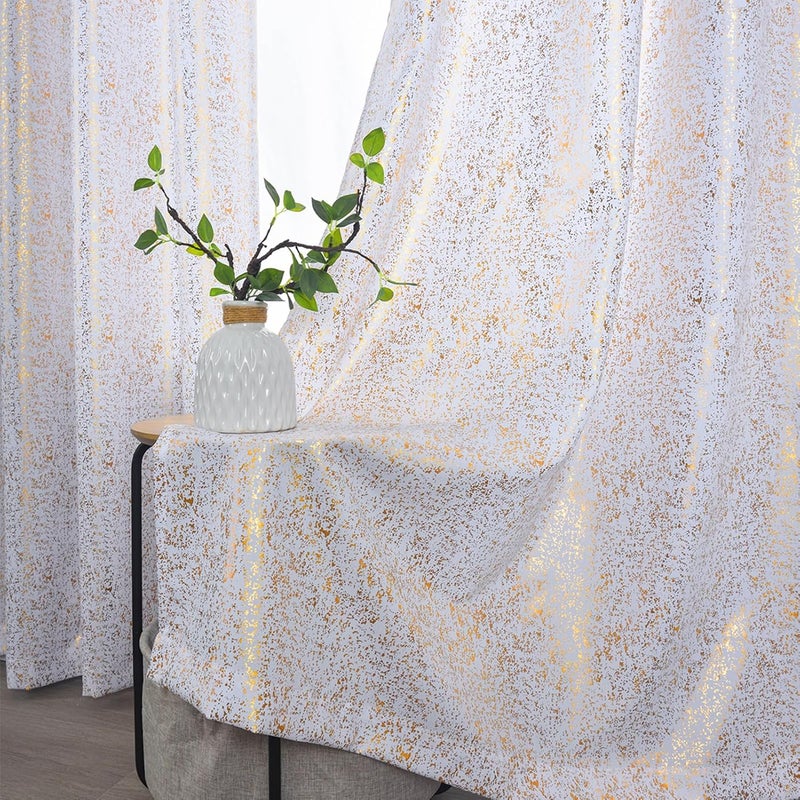 TERLYTEX Gold White Curtains 63 Inch Length, Metallic Foil Sparkle for Bedroom, Grommet Privacy Semi-Sheer Shimmer, 52 x 63 Inch - Image 1