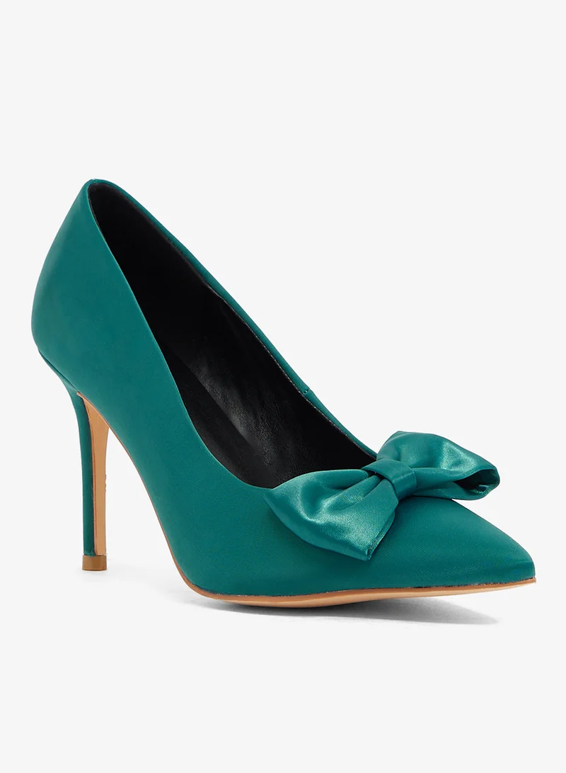 ELLA Green satin pump with bow, pointed toe, stiletto heel