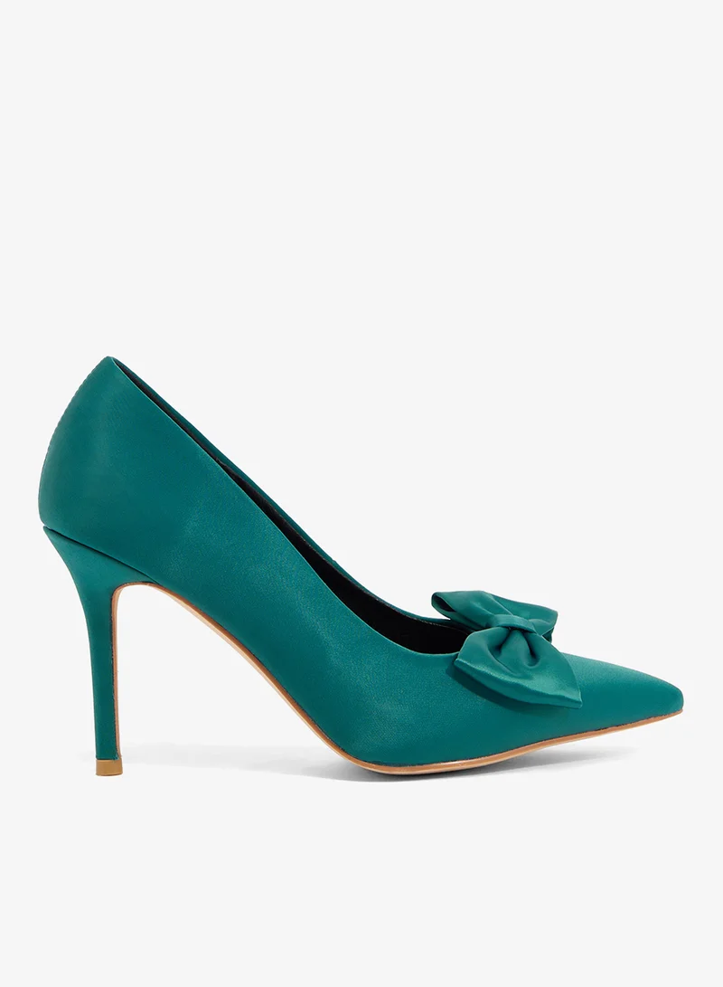 ELLA Green satin pump with bow, pointed toe, stiletto heel