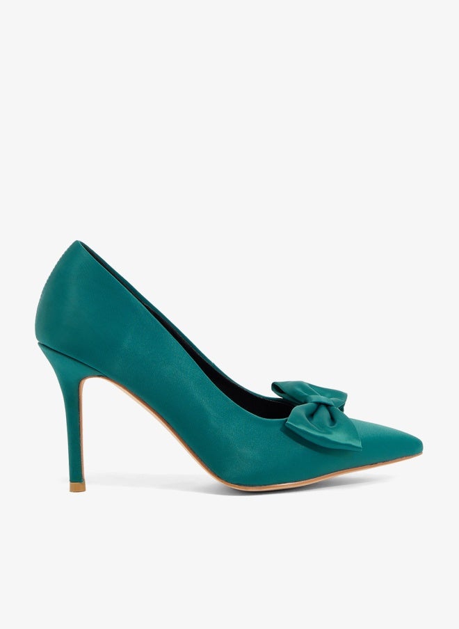 ELLA Green satin pump with bow, pointed toe, stiletto heel - Image 1