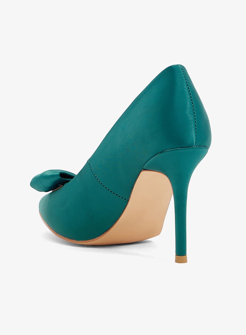 ELLA Green satin pump with bow, pointed toe, stiletto heel - Image 3