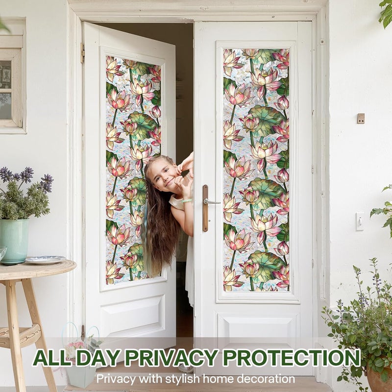 Aomkmi Stained Glass Window Film UV Resistant Window Privacy Film Lotus Floral Privacy Rainbow Decals Living Room Bedroom Sun Blocking Decor Removable Static Cling Stickers 17 x 39.37 Inch - Image 3