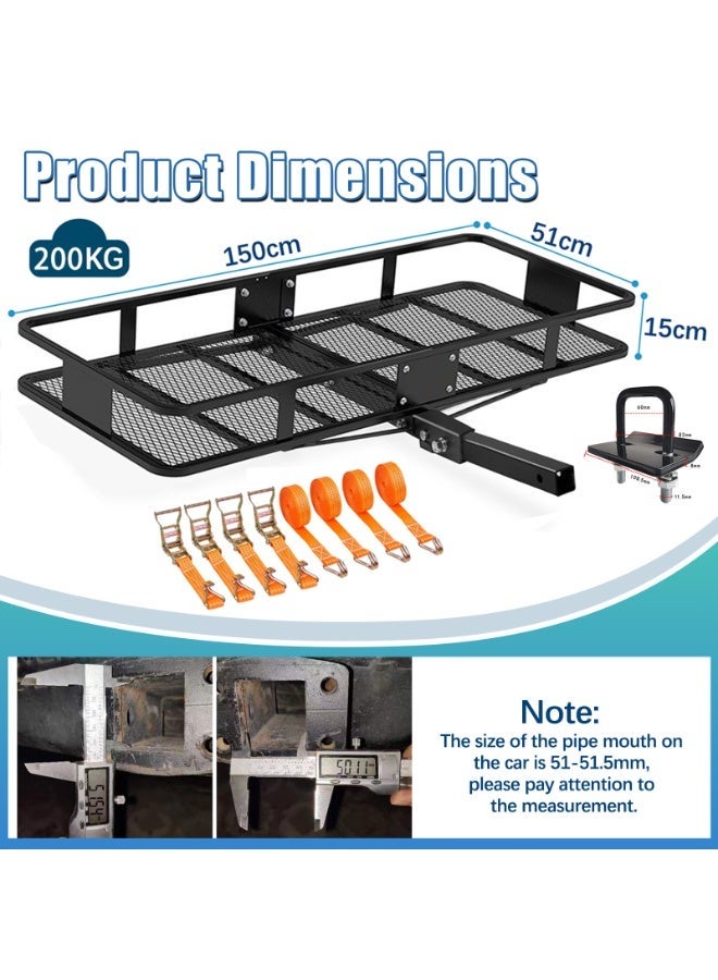 YSOAE 150x60x13CM Folding Cargo Carrier Basket, 180KG Capacity Hitch Rack, Folding Trailer Hitch Cargo Carrier Fits 2" Receiver, Hitch Stabilizer, Straps, for SUV Pickup Camping Traveling - Image 5