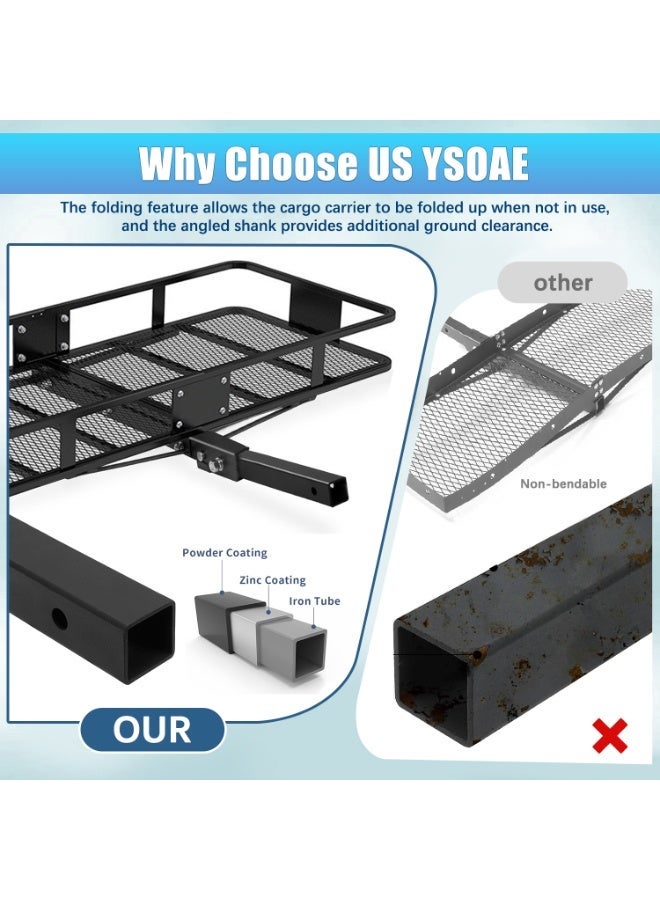 YSOAE 150x60x13CM Folding Cargo Carrier Basket, 180KG Capacity Hitch Rack, Folding Trailer Hitch Cargo Carrier Fits 2" Receiver, Hitch Stabilizer, Straps, for SUV Pickup Camping Traveling - Image 4