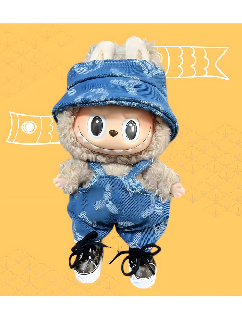 DECOR SOUQ Stylish Denim Clothes Set for 17cm Labubu Doll – 2-Piece Outfit with Blue Denim Print  Suspender Shorts & Cap – Trendy Mini Doll Fashion Accessories for Labubu Fans, Durable Handmade Doll Clothes for Display or Play – Limited Stock  - Image 1