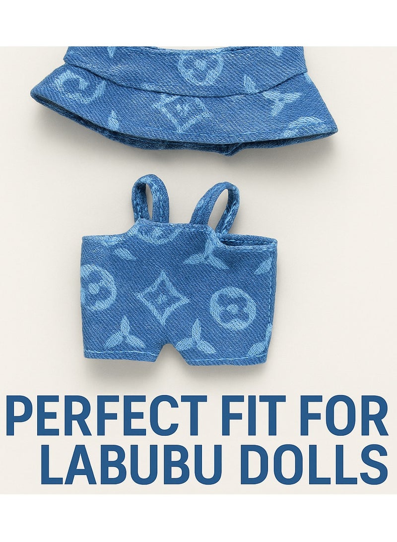 DECOR SOUQ Stylish Denim Clothes Set for 17cm Labubu Doll – 2-Piece Outfit with Blue Denim Print  Suspender Shorts & Cap – Trendy Mini Doll Fashion Accessories for Labubu Fans, Durable Handmade Doll Clothes for Display or Play – Limited Stock  - Image 2