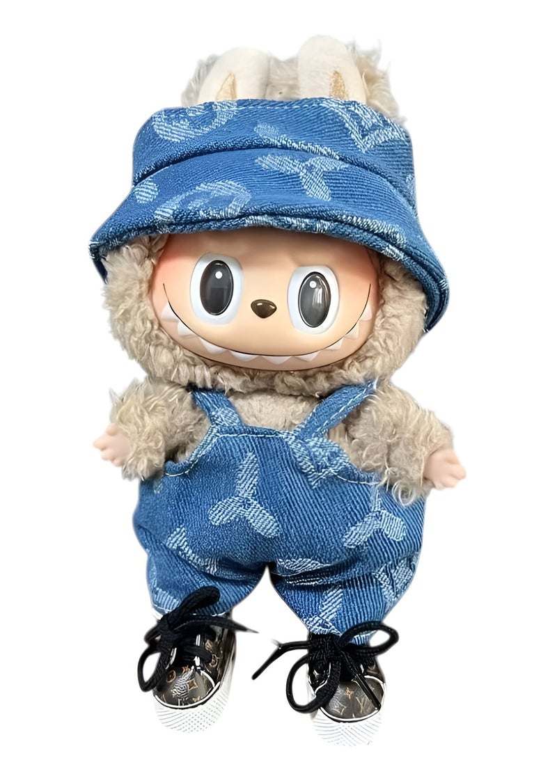 DECOR SOUQ Stylish Denim Clothes Set for 17cm Labubu Doll – 2-Piece Outfit with Blue Denim Print  Suspender Shorts & Cap – Trendy Mini Doll Fashion Accessories for Labubu Fans, Durable Handmade Doll Clothes for Display or Play – Limited Stock  - Image 3