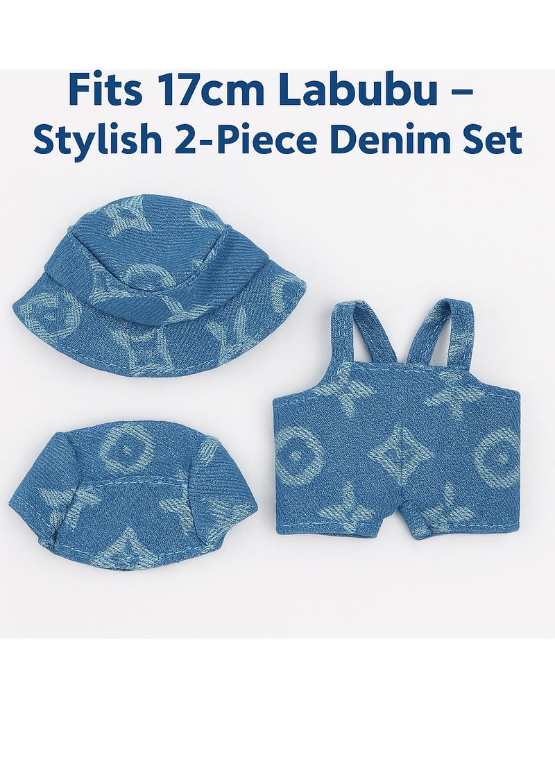 DECOR SOUQ Stylish Denim Clothes Set for 17cm Labubu Doll – 2-Piece Outfit with Blue Denim Print  Suspender Shorts & Cap – Trendy Mini Doll Fashion Accessories for Labubu Fans, Durable Handmade Doll Clothes for Display or Play – Limited Stock  - Image 4