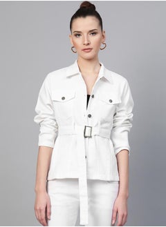 Belted Denim Jacket with Flap Pockets by Styli