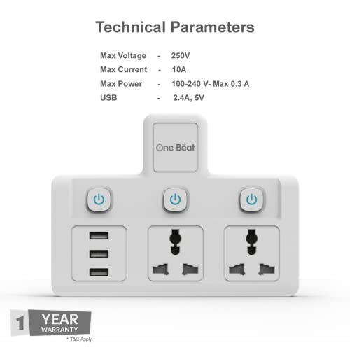 One Beat Cordless Extension Board with Individual Switch-Multi Plug Socket with 2 Sockets + 3 USB - Flex Board with Safety Shutter Protection - Image 5