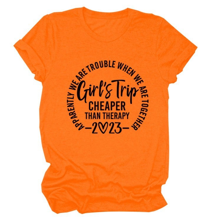 Girl'S Trip Cheaper Than Letter Round Neck Short Sleeve Loose Women'S T-Shirt - Image 3