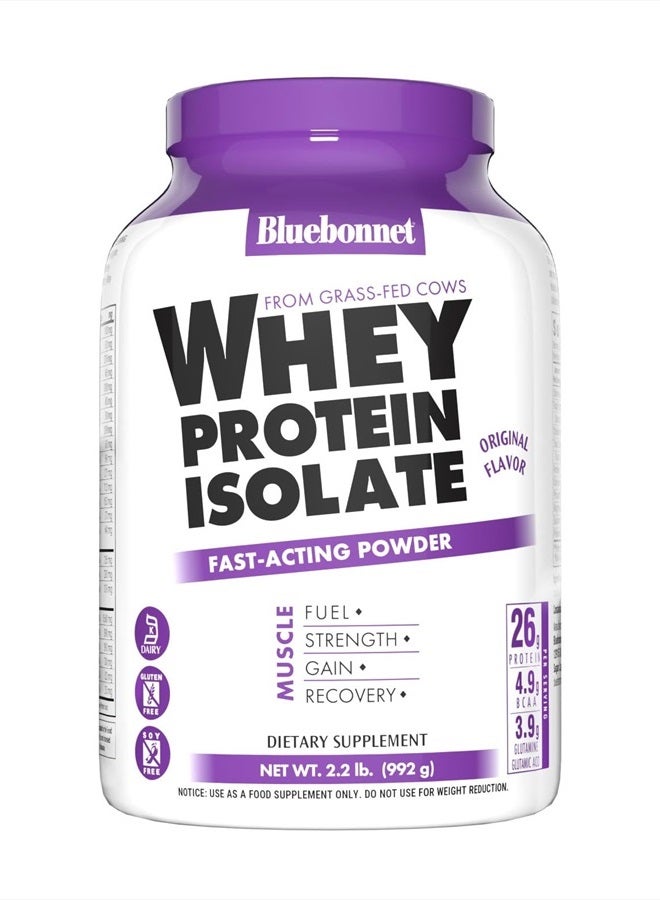Bluebonnet Nutrition Whey Protein Isolate Powder, Whey from Grass Fed Cows, 26 Grams of Protein, No Sugar Added, Gluten Free, Soy Free, Kosher Dairy, 2.2 lbs, 32 Servings, Original Unflavored - Image 1