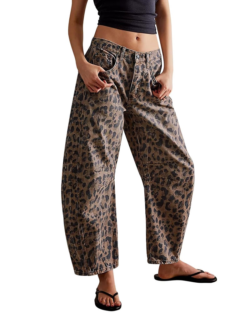 Kedera Women's Baggy Wide Leg Jeans Barrel Horseshoe Boyfriend Cropped Leopard Printed Denim Pants - Image 1