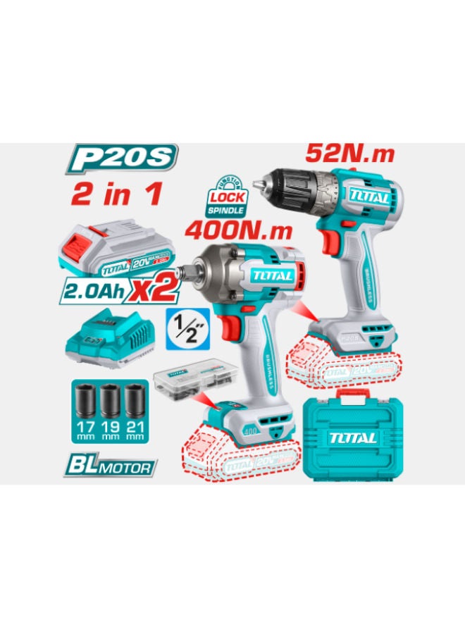 Total Tools Combo set of Impact Driller with 1/2 inch Kit 400Nm and 20V 52 Nm Electric Wheel Wrench, including 2 Batteries and a Charger TCKLI20271