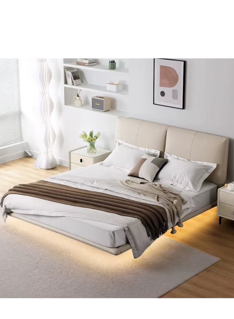 Wooden Twist Floating Queen Size Bed In Cloud Leather Texture With Sensor Lights for Modern Whimsical Bedroom  - Image 2