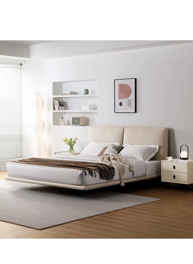 Wooden Twist Floating Queen Size Bed In Cloud Leather Texture With Sensor Lights for Modern Whimsical Bedroom  - Image 1