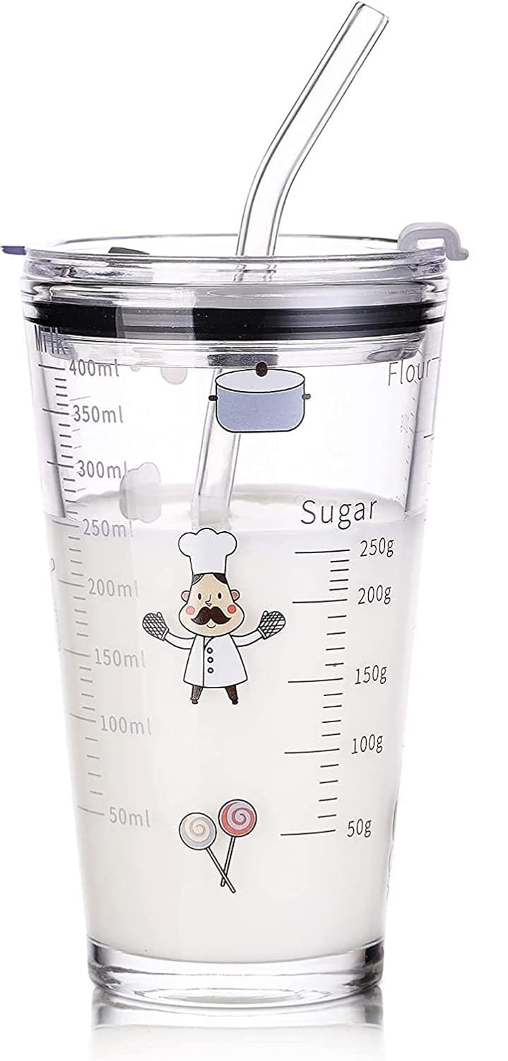 KHOLAD Random Design, Cartoon Pattern, Creative Multipurpose Drinking Glass Measuring Mug/Cup with Silicone Straw and Lid Drink for Milk,Thick Shake Cup & Mug (Set of 1) 400ml (Printed - 1) - Image 4