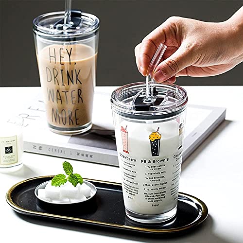 KHOLAD Random Design, Cartoon Pattern, Creative Multipurpose Drinking Glass Measuring Mug/Cup with Silicone Straw and Lid Drink for Milk,Thick Shake Cup & Mug (Set of 1) 400ml (Printed - 1) - Image 1