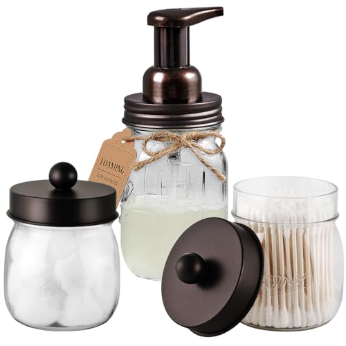 SheeChung Bathroom Accessories Set - Mason Jar Foaming Hand Soap Dispenser, Qtip Holder Set, Rustic Farmhouse Decor, Apothecary Jars, Bathroom Countertop Organizer - Bronze - Image 1