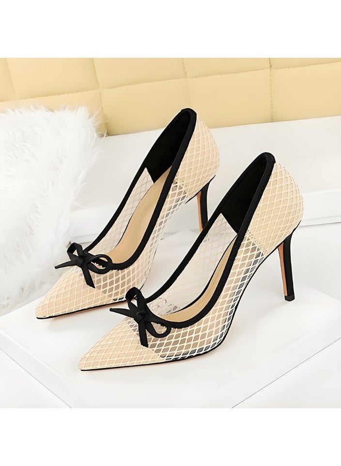 بيج تري مضخات شبكة أنيقة للمرأة مغلقة إصبع القدم عالية الكعب كريم أبيض 9.5CM - Image 1