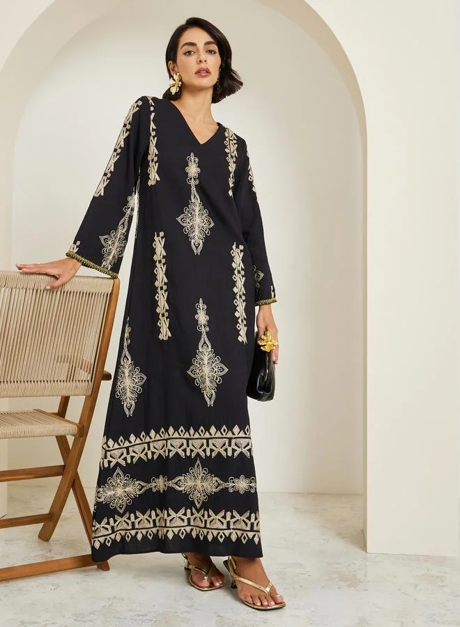 Women Black Embroidered A-Line Jalabiya
