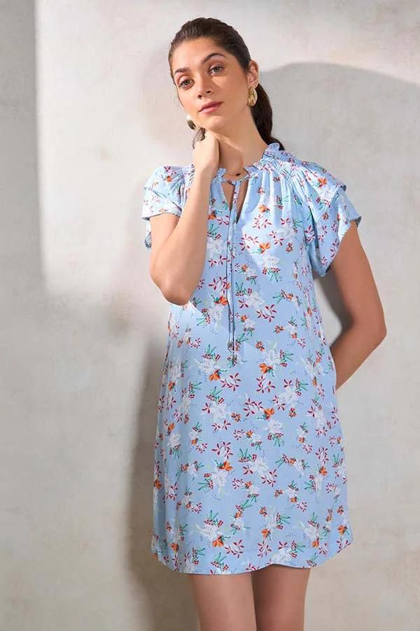 فيرجيو VIRGIO 100% Viscose Floral Sky Batwing Shift Dress